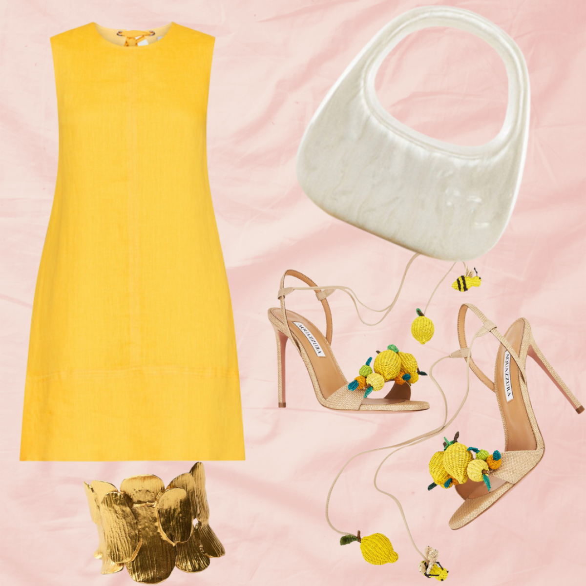 lanena haljina (marella 2019,00€) citrus punch sandale (aquazzura 895,00€) torbica s perla efektom (mango 70,00€) narukvica s laticama (zara 17,95€)