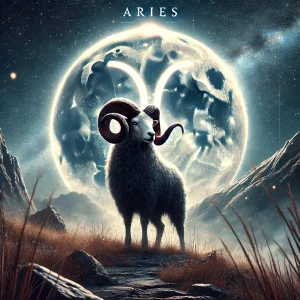 DALL·E 2025-12-17 14.42.04 – A mystical and atmospheric image representing the zodiac sign Aries (Ovan in Croatian). A proud and majestic ram stands on rocky terrain under a starr