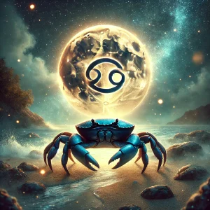 DALL·E 2025-12-17 14.44.51 – A mystical and atmospheric image representing the zodiac sign Cancer (Rak in Croatian). A large crab stands on a rocky or sandy shore under a starry n