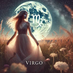 DALL·E 2025-12-17 14.45.01 – A mystical and atmospheric image representing the zodiac sign Virgo (Djevica in Croatian). A graceful young woman in a flowing dress stands in a field