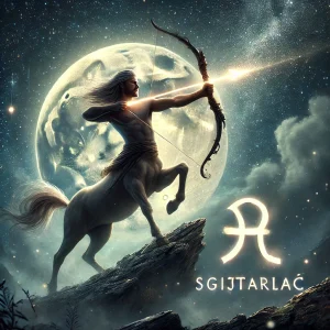 DALL·E 2025-12-17 14.58.17 – A mystical and atmospheric image representing the zodiac sign Sagittarius (Strijelac in Croatian). A powerful centaur archer stands on a rocky hill, a