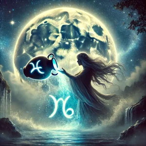 DALL·E 2025-12-17 14.59.11 – A mystical and atmospheric image representing the zodiac sign Aquarius (Vodenjak in Croatian). A figure is pouring glowing water from a magical jug or