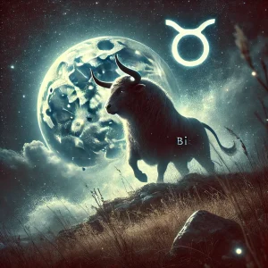DALL·E 2025-12-17 15.04.04 – A mystical and atmospheric image representing the zodiac sign Taurus (Bik in Croatian). A powerful and majestic bull stands on a rocky hill under a st