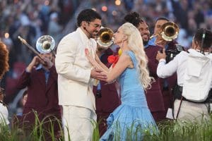 Lady Gaga performs with Bad Bunny during the Super Bowl LX halftime show at Levi’s Stadium in Santa Clara, Calif., on Sunday, Feb. 8, 2026.