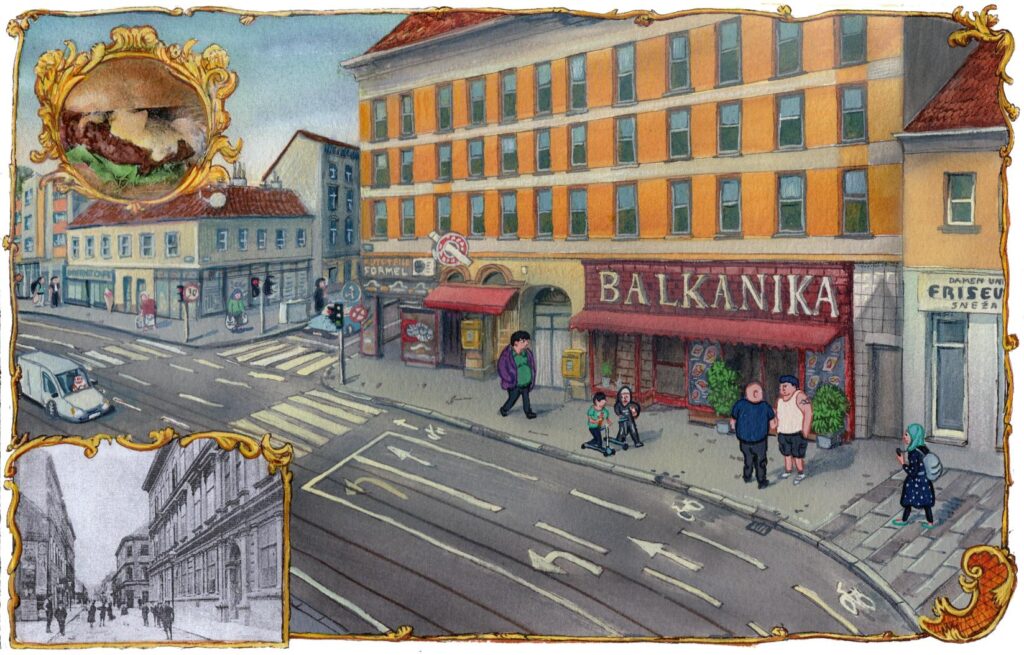 Balkanika Grill, 18 x 28 cm (7 x 11’), watercolor, gouache, and collage on paper, 2026.