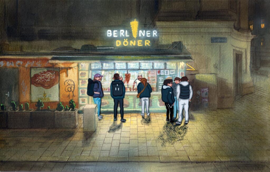 Berliner Döner, 18 x 28 cm (7 x 11’), watercolor and gouache on paper with acrylic on acetate, 2026.