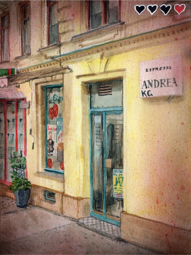 Cafe Andrea, 11.5 x 15.5 cm (4.5 x 6’), watercolor, gouache, and acrylic on paper, 2026.