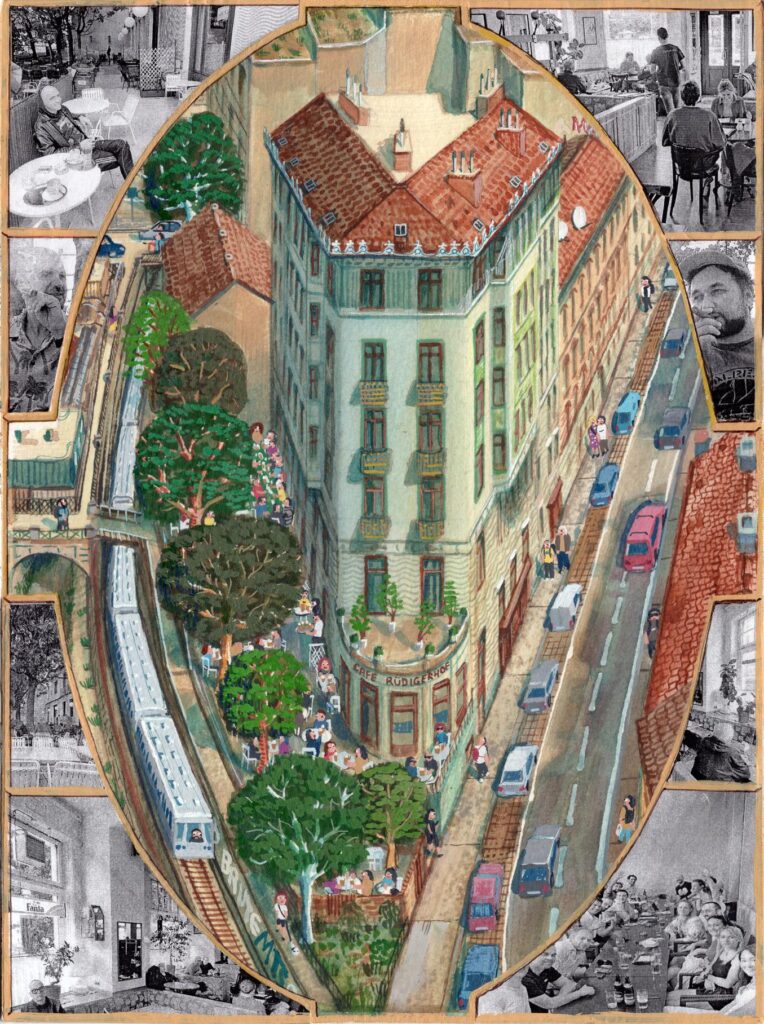 Cafe Rüdigerhof, 31 x 23 cm (12 x 9’), watercolor, gouache, acrylic, and collage on paper, 2026.