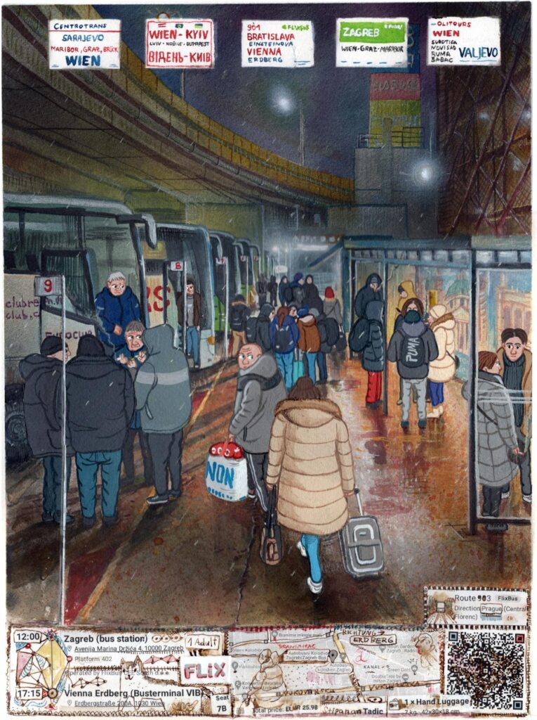 Erdberg Busterminal, 31 x 23 cm (12 x 9’), watercolor, gouache, acrylic, and collage on paper, 2026.