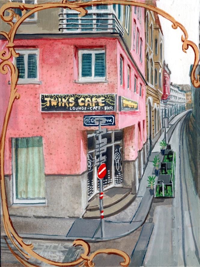 Twiks Cafe, 11.5 x 15.5 cm (4.5 x 6’), watercolor, gouache, and acrylic on paper, 2026.