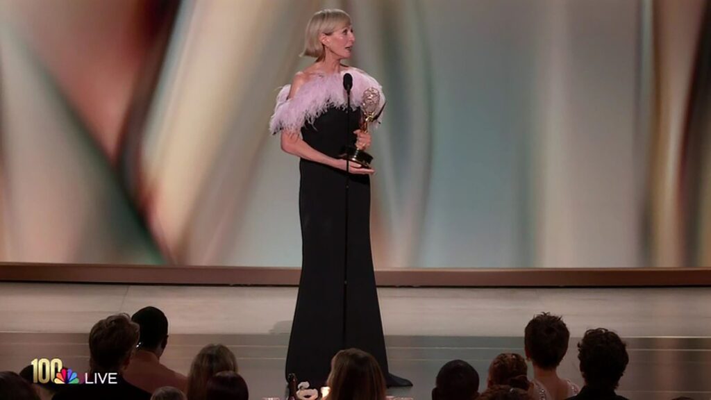 Allison Janney looks stunned as she wins Emmy for Supporting Actress in Drama, tying record for most wins by a performer